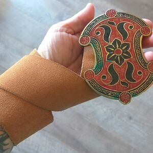 Vintage bohemian Golden Hands Lee Bernay Designs brass belt buckle enamel